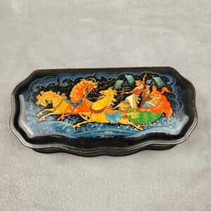 Kholui Russian Lacquer Box Author Work Three Horses Fairytales Native RARE